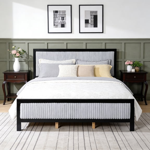 King Size Upholstered Platform Bed with Ultra Fluffy Plush Headboard, Grey+Black Contrast Frame, No Box Spring Needed