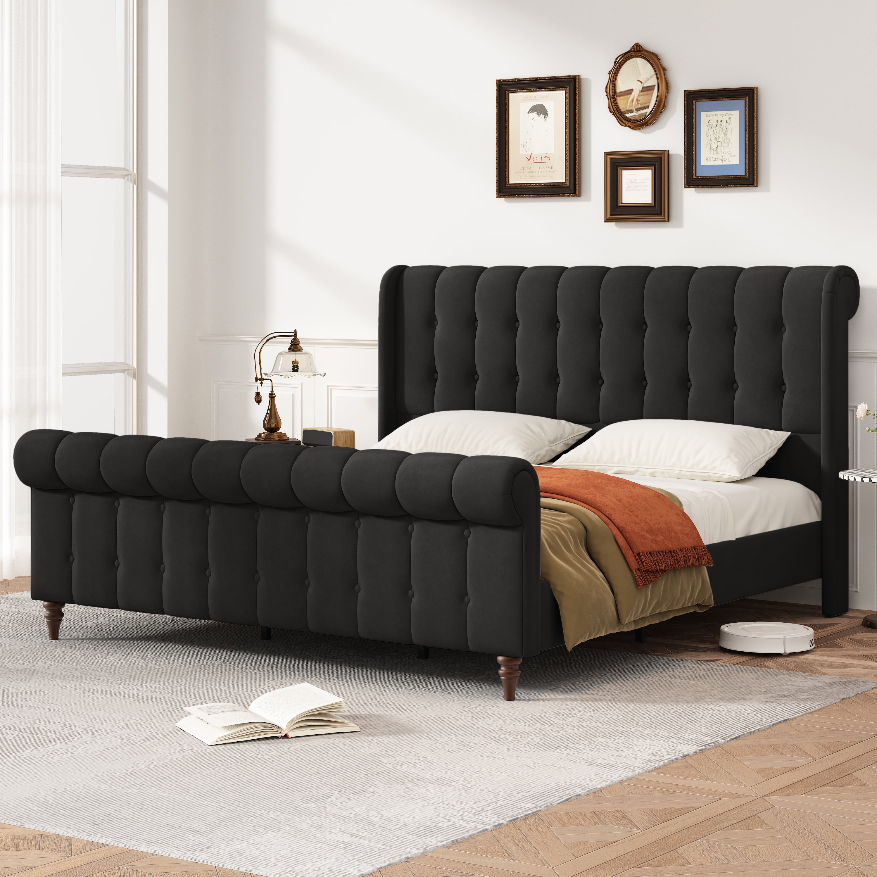 King Size Upholstered Platform Sleigh Bed Frame, Velvet Upholstered