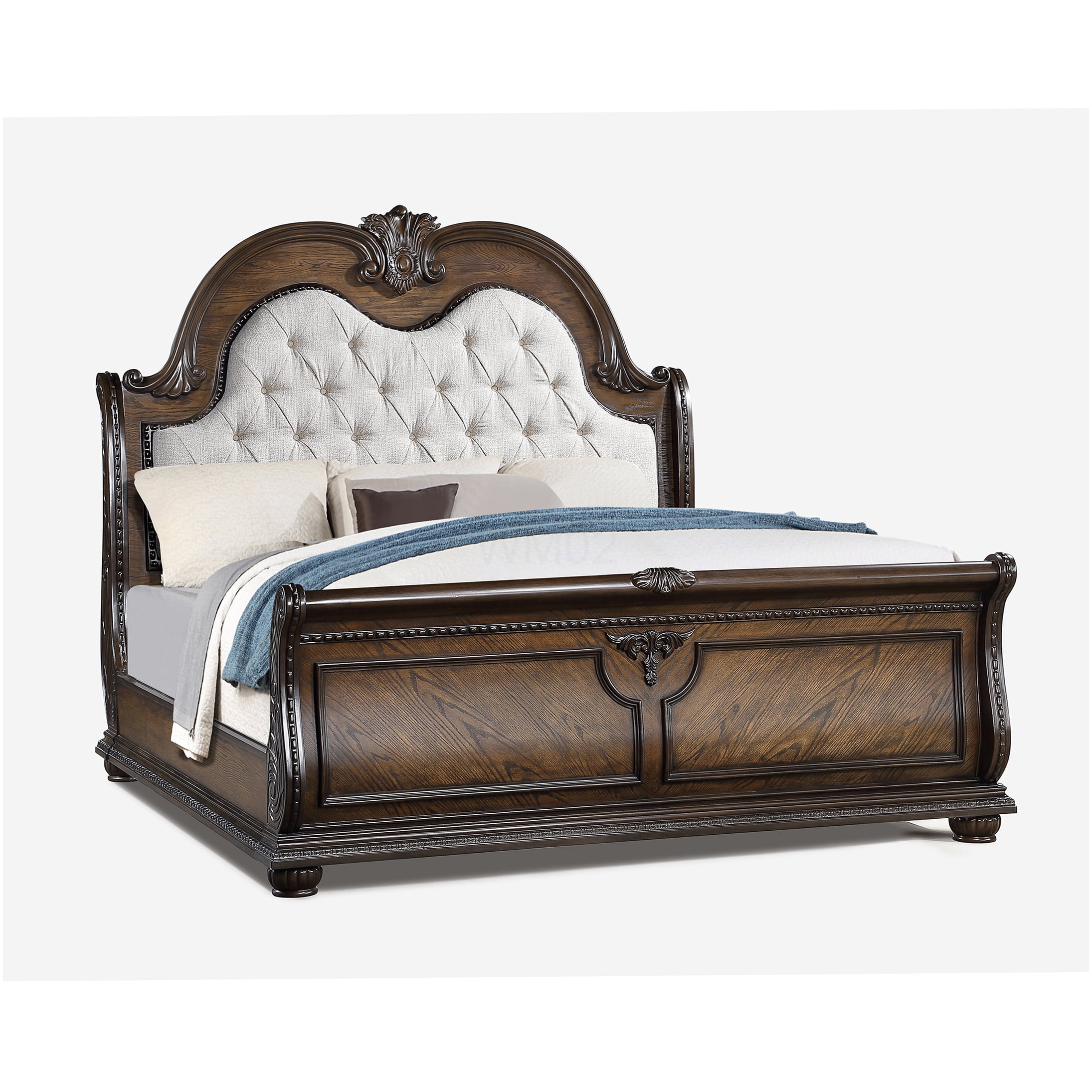 King Size Upholstered Sleigh Bed Frame with Tufted Headboard, Faux Leather Panel Bed, Traditional Style, Coffee Brown Finish