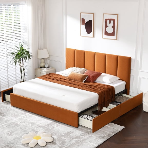 VELOCAVA King Upholstered Storage Bed with 4 Drawers, Vertical Panel Headboard, Underbed Storage, Brown
