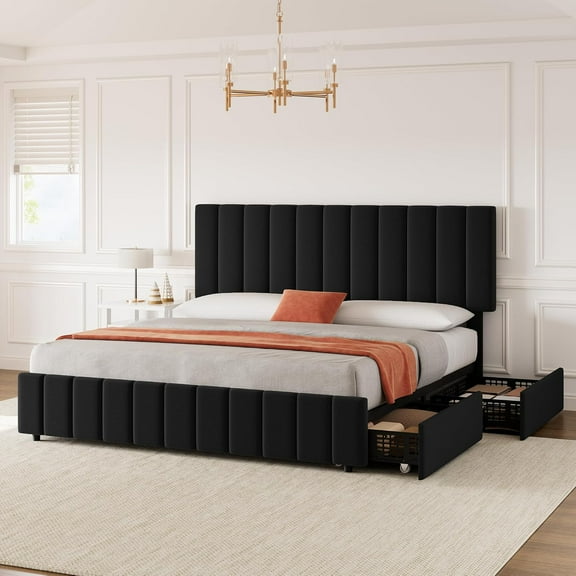 King Size Upholstered Storage Bed Frame with 4 Drawers, Adjustable Headboard, Wood Slats, No Box Spring, Black