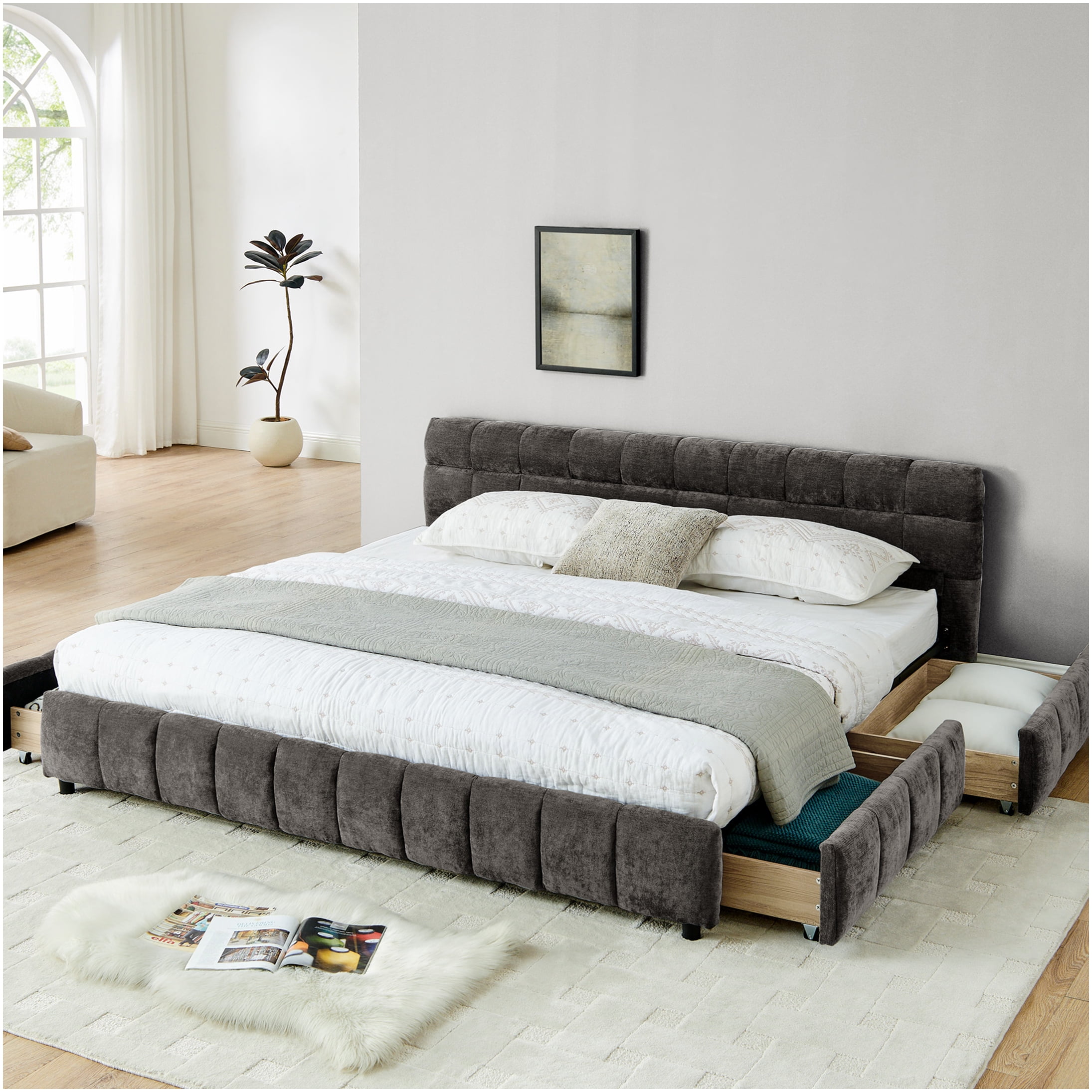 King Size Upholstered Storage Bed Frame with Headboard and Drawers, Modern Platform Bed with Ample Storage Space