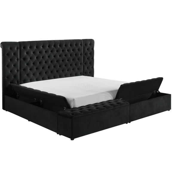 King Size Upholstered Storage Bed Frame with Velvet Headboard, Black Platform Bed for Master Suite