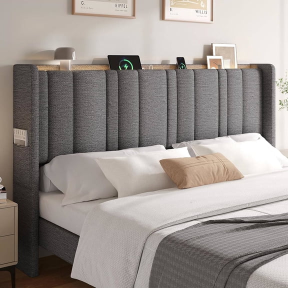 King Size Upholstered Wingback Headboard with Storage, Charging Station, and LED Light Strip, Grey