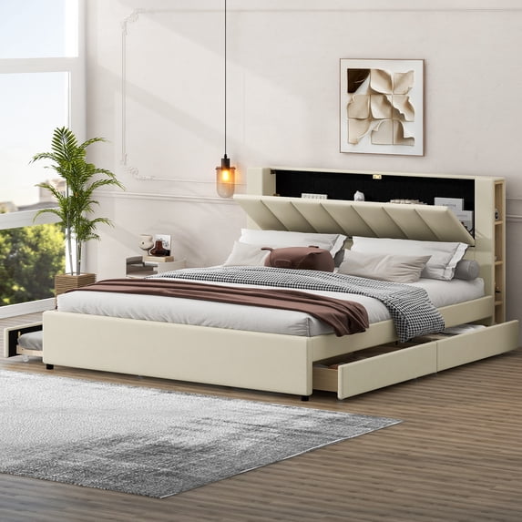 King Size Upholstery Platform Bed With Storage Headboard, 2 Drawers And Trundle,Beige