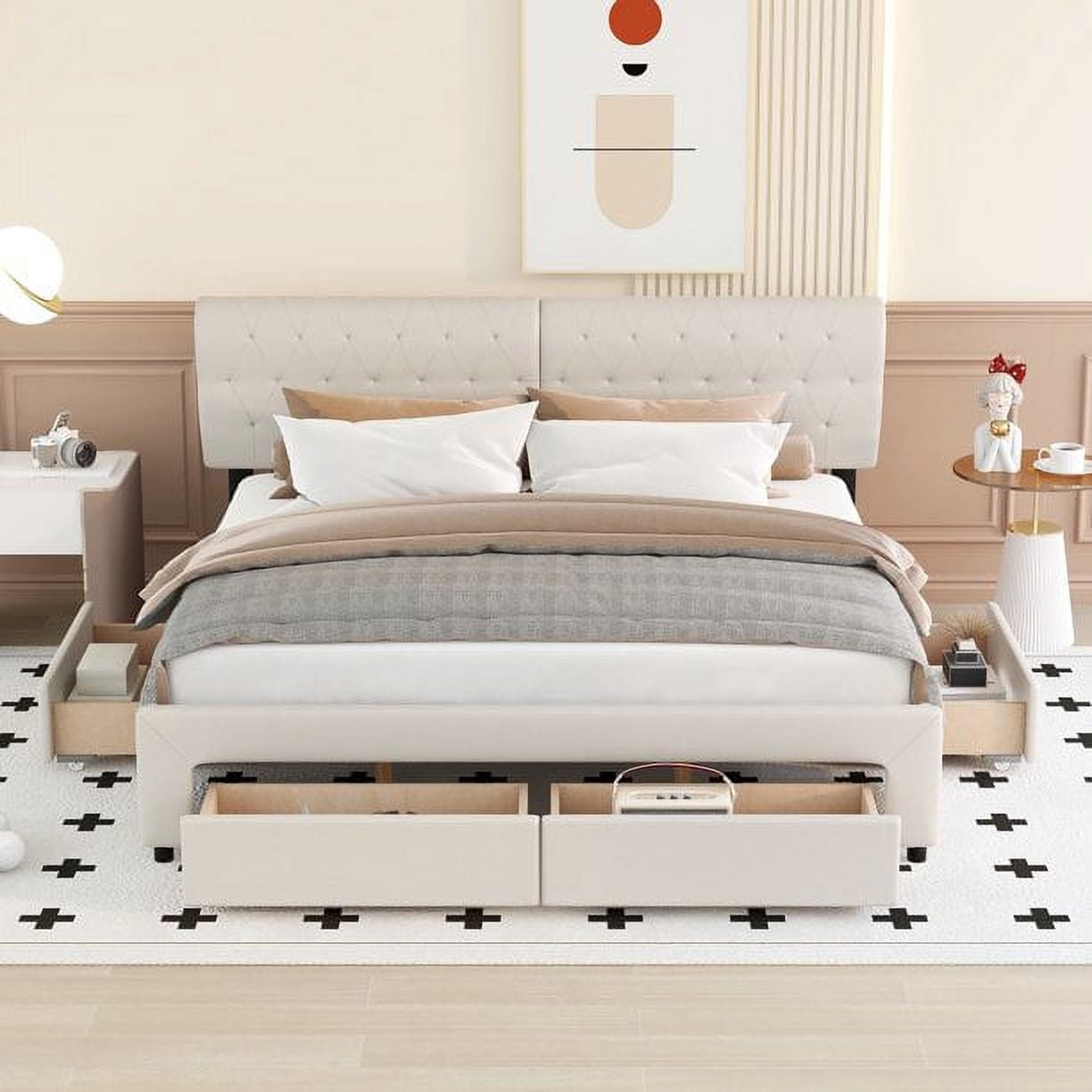 King Size Upholstery Platform Bed with Four Drawers, Modern Linen ...