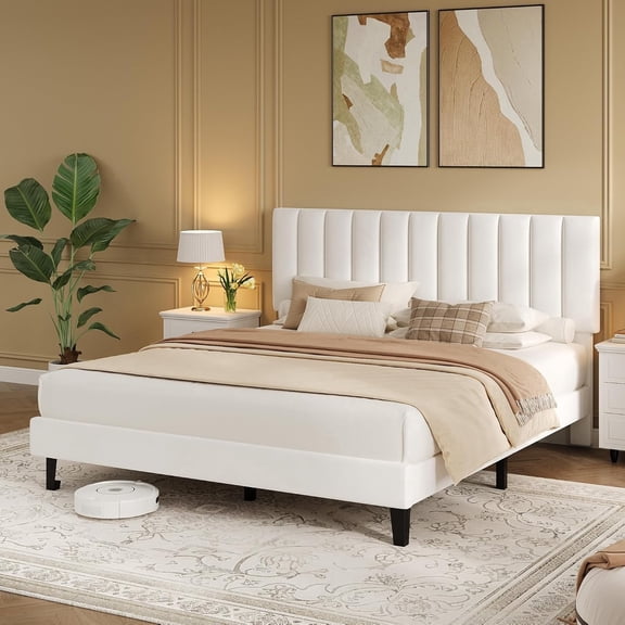 King Size Velvet Platform Bed - Adjustable Headboard, Vertical Tufted Design, No Box Spring Needed