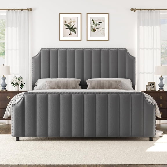 King Size Velvet Platform Bed Frame with 50" Channel Tufted Headboard & Footboard, Nailhead Trim, Grey
