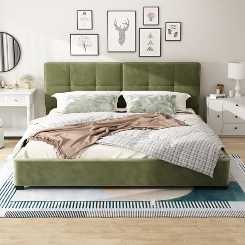 King Size Velvet Platform Bed with Curved Tufted Headboard, Modern Upholstered Frame, Sturdy Slats, No Box Spring Needed, Easy Assembly, Olive Green
