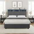 King Size Velvet Storage Bed with LED Lights and Outlets, Grey Gas Lift