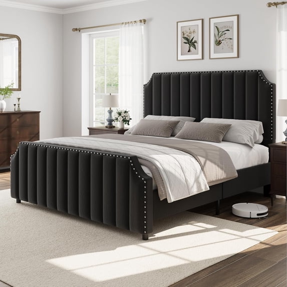 King Size Velvet Upholstered Bed Frame with Headboard&Footboard,Platform Bed Frame with Nailhead Trim,Sturdy Wooden Slats, Silent&No Box Spring Needed,Easy to Assemble,Black