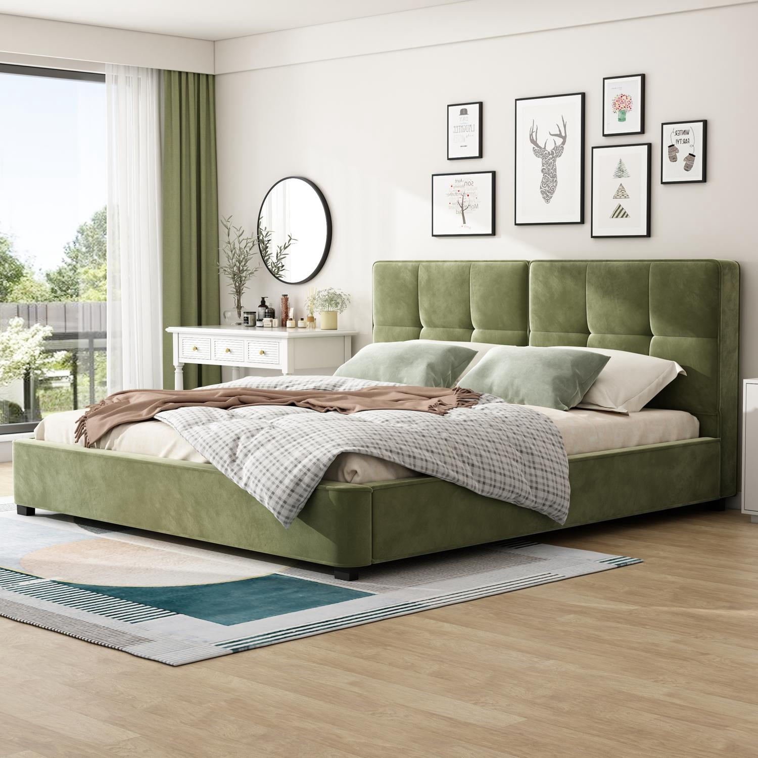 King Size Velvet Upholstered Bed Frame, Platform Bed with Curved Tufted Headboard & Soft Square Corners for Bedroom, Olive Green