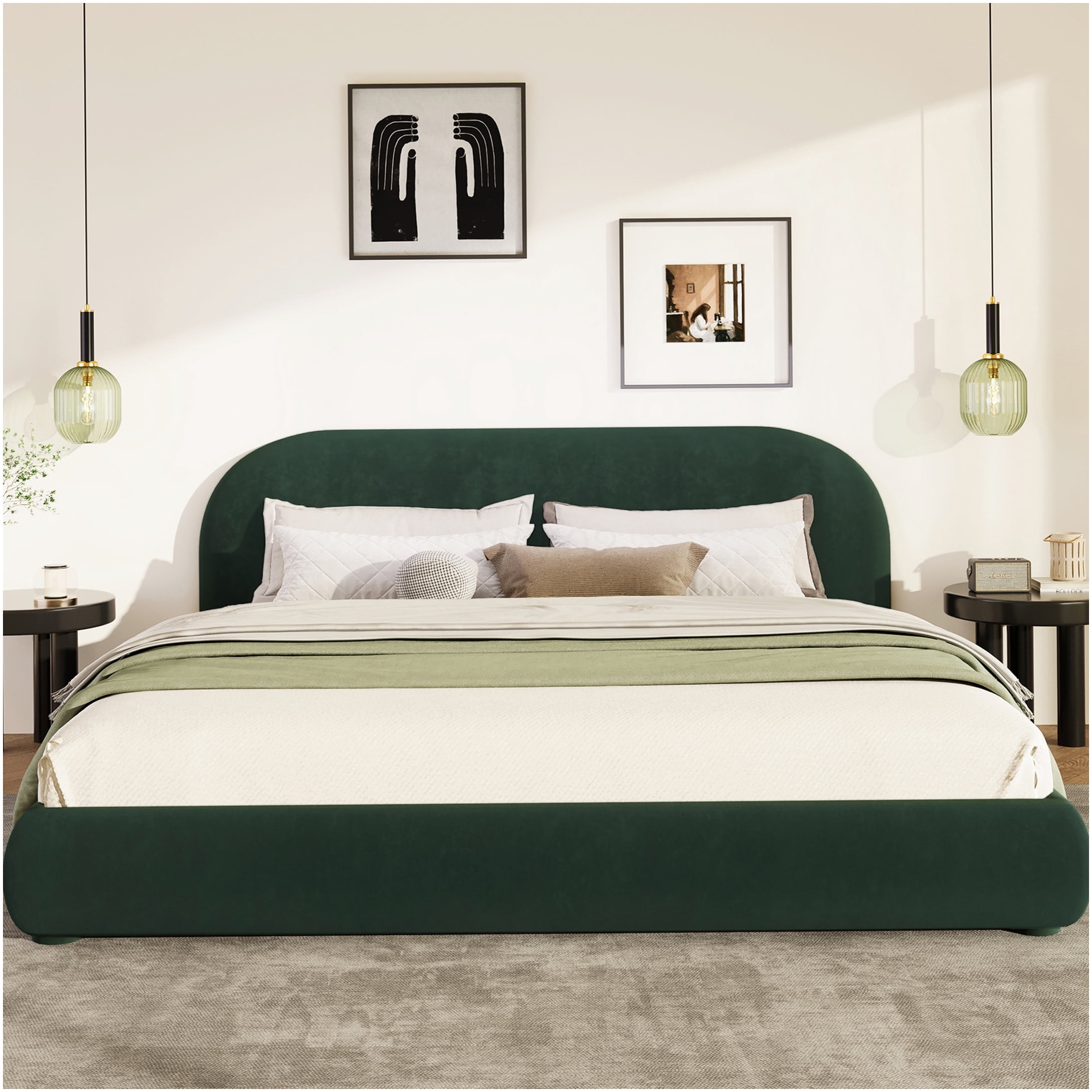 King Size Velvet Upholstered Bed Frame with Headboard, Green Fabric Platform Bed for Master Bedroom, Strong Support & Easy Assembly