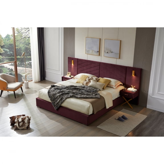 King Size Velvet Upholstered Platform Bed Frame, Vertical Channel Tufted Wingback Headboard with Sturdy Wooden Slats, No Box Spring Needed, Easy Assembly Bedroom Furniture,Red