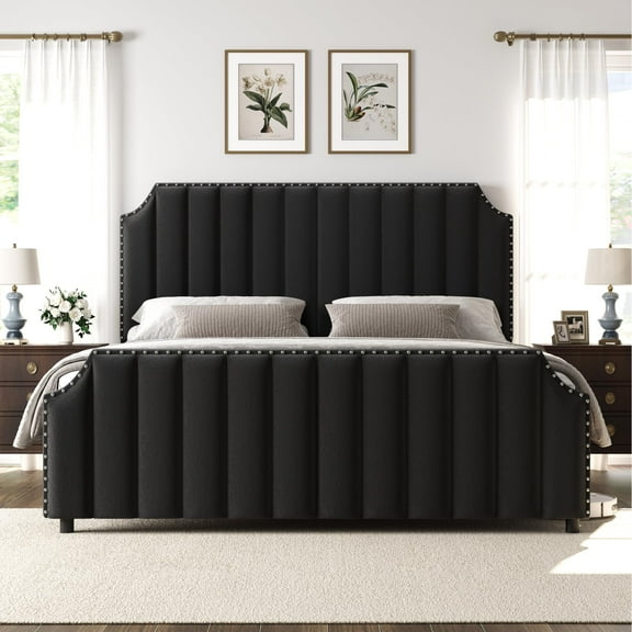 King Size Velvet Upholstered Platform Bed Frame with 50.2" Tufted Headboard & Nailhead Trim – No Box Spring Required