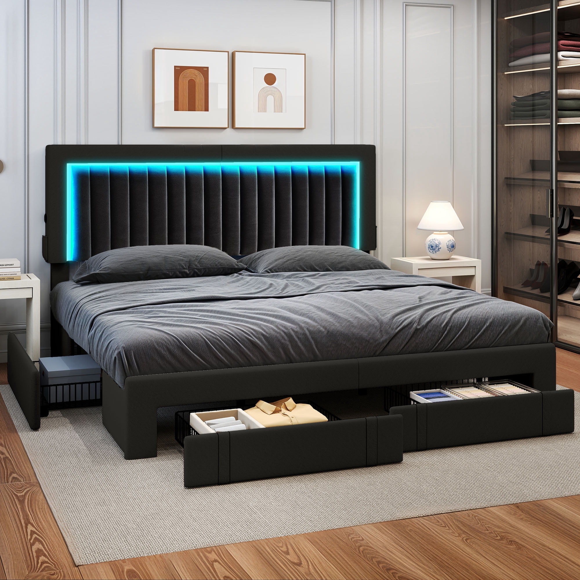 King Size Velvet Upholstered Platform Bed Frame with RGB LED Lights, 4 Storage Drawers & USB Ports (Black)