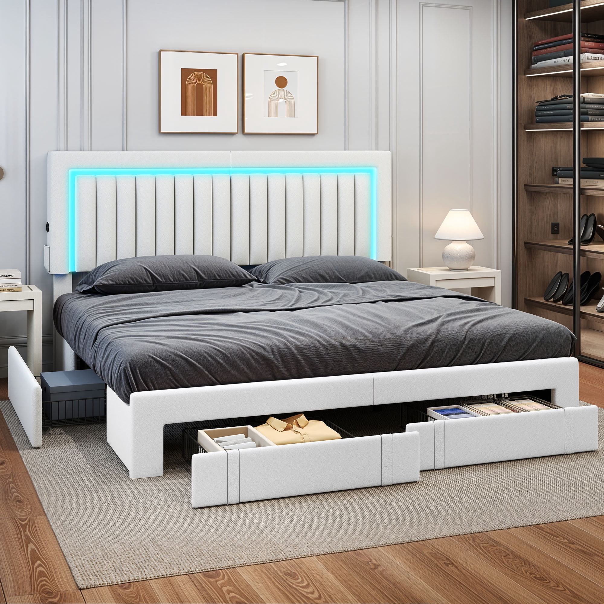 King Size Velvet Upholstered Platform Bed Frame with RGB LED Lights, 4 Storage Drawers & USB Ports (White)
