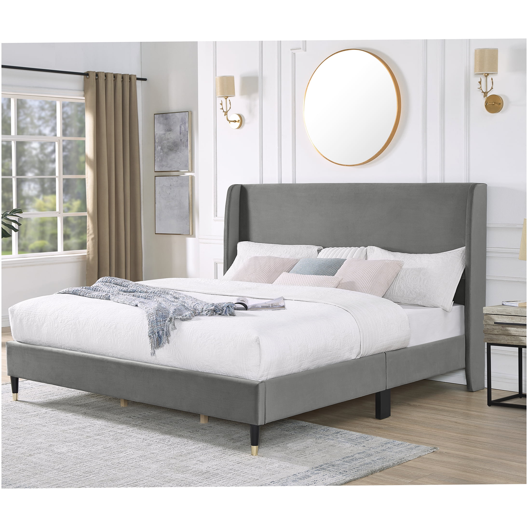 King Size Velvet Upholstered Platform Bed Frame with Wingback Headboard, Modern Gray Fabric Bed, No Box Spring Needed