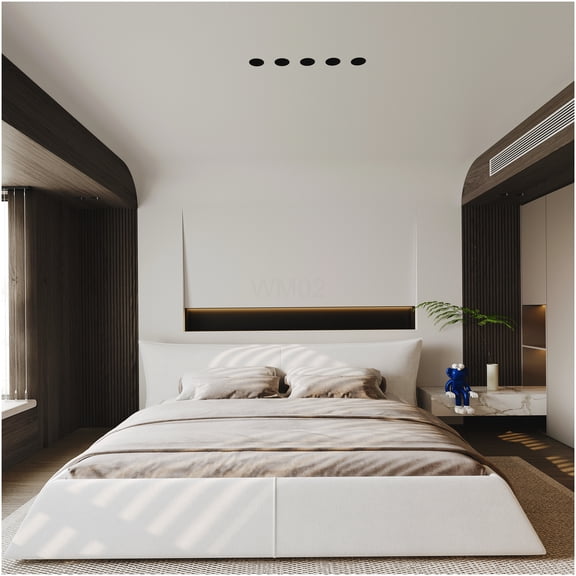 King Size Velvet Upholstered Platform Bed with Headboard, Cream Modern Bed Frame with Solid Wood Support, No Box Spring Needed