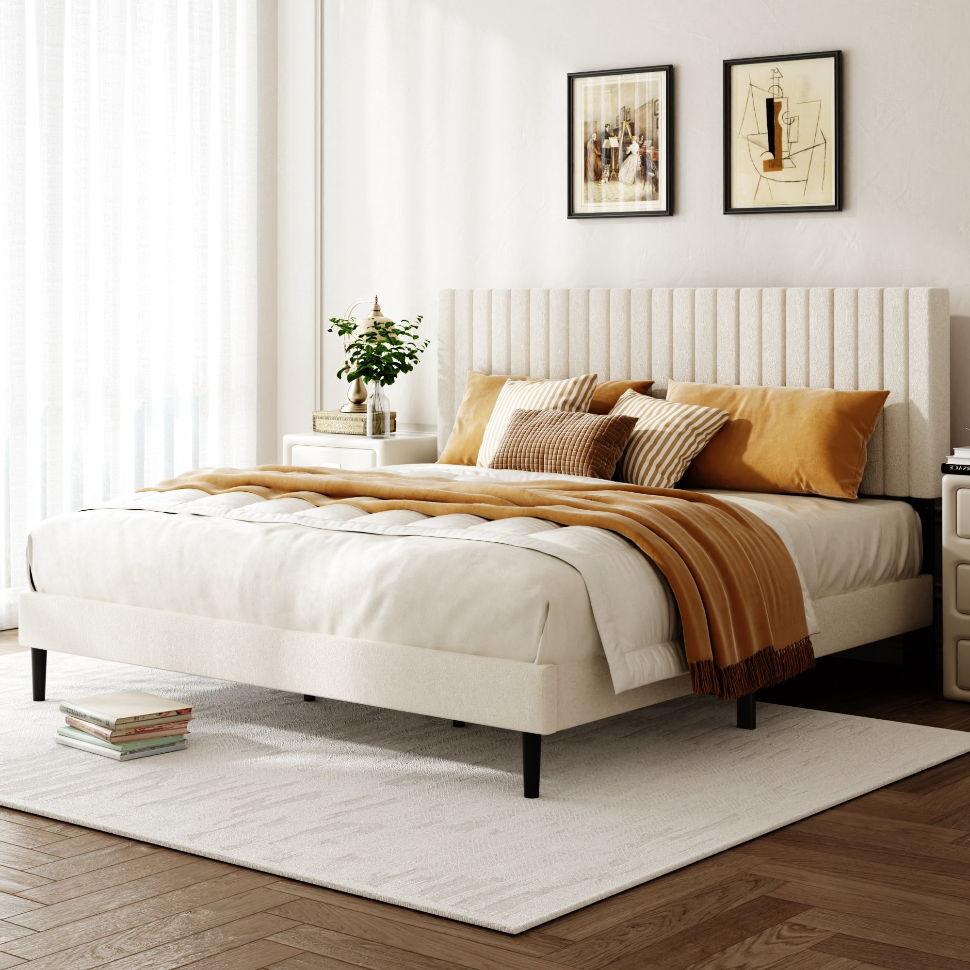 King Size Velvet Upholstered Platform Bed with Height-Adjustable Headboard, Sturdy Metal Bed Frame with Wooden Slats, No Box Spring, Beige