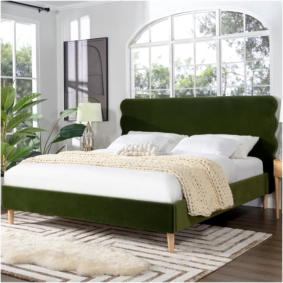 King Size Velvet Upholstered Platform Bed with Wavy Headboard, Olive Green Fabric Bed Frame with Solid Wood Support, No Box Spring Needed