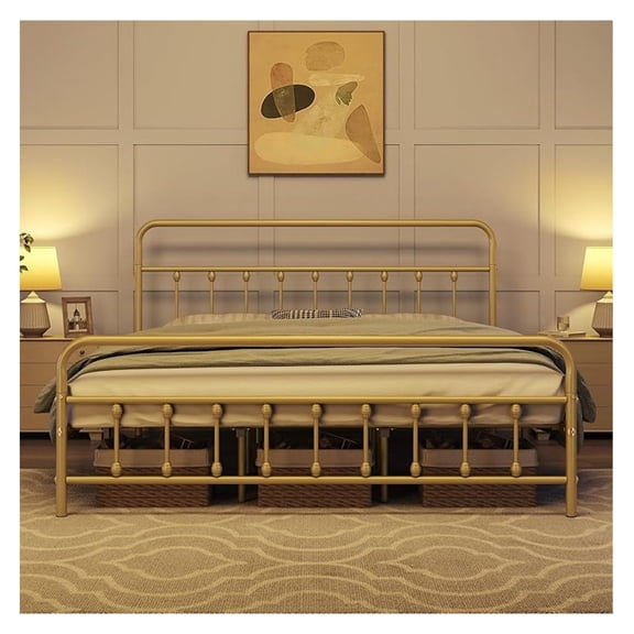 King Size Victorian Style Metal Bed Frame with Headboard/Mattress Foundation/No Box Spring Needed/Under Bed Storage/Strong Slat Support Antique