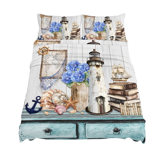 King Size Vintage Lighthouse Sheet Sets Anchor Book Map Hydrangea Starfish Shell Soft Breathable Microfiber Bed Sheets 4 Piece Bed Sheets Set, 1 Fitted Sheet, 1 Flat Sheet & 2 Pillowcases
