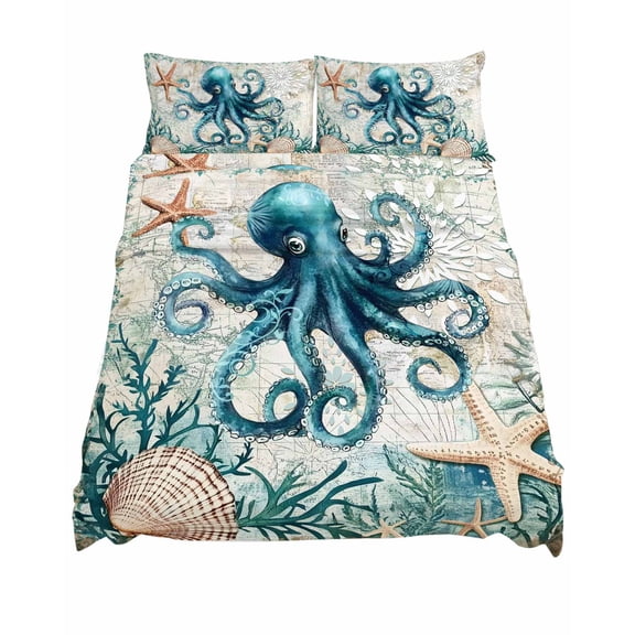 King Size Vintage Octopus Sheet Sets Coral Starfish Farmhouse Retro Nautical Soft Breathable Microfiber Bed Sheets Deep Pockets 4 Piece Bed Sheets Set, 1 Fitted Sheet, 1 Flat Sheet & 2 Pillowcases
