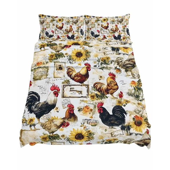 King Size Vintage Rooster Sheet Sets Sunflower Envelope Farmhouse Rural Country Soft Breathable Microfiber Bed Sheets Deep Pockets 4 Piece Bed Sheets Set, 1 Fitted Sheet, 1 Flat Sheet & 2 Pillowcases