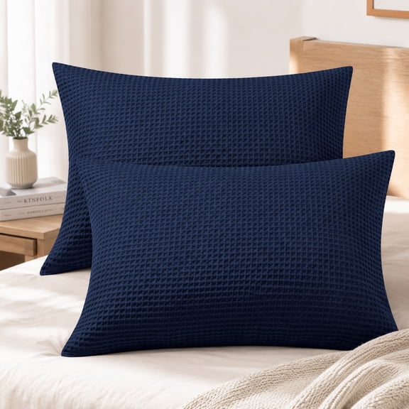 King Size Waffle Weave Pillowcases 2 Pack, 600 Thread Count 100% Egyptian Cotton, Ultra Soft Breathable Pillow Shams with Envelope Closure, Navy Blue 20x36 Inches
