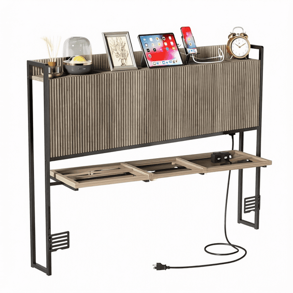 King Size Wall Mounted Headboard with Built-in Charging Station and Fluted Storage Shelf, Wood Grain Finish with Black Metal Frame