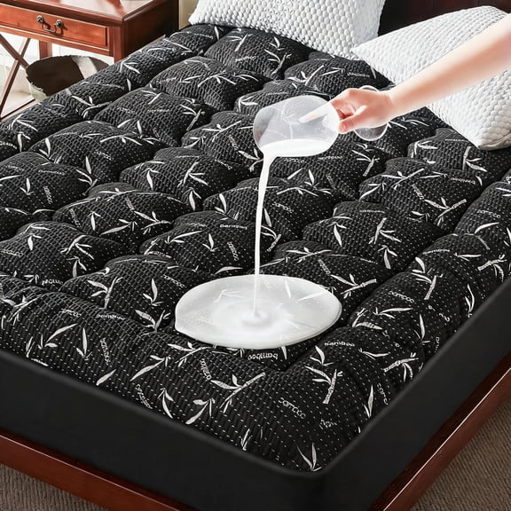 King Size Waterproof Mattress Topper with Deep Pocket Fit Up to 25 Inches Black