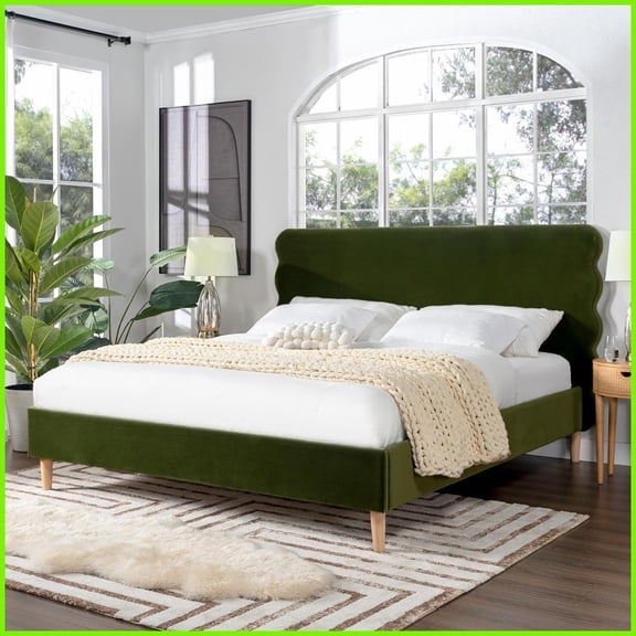 King Size Wavy Headboard Platform Bed - Olive Green Performance Velvet, Rubberwood/Pinewood/Plywood Frame, No Box Spring Needed for Master Bedroom