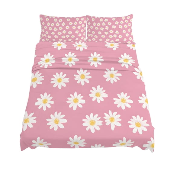 King Size White Daisy Sheet Sets Flowers Pink Background Minimalist Modern Art Soft Breathable Microfiber Bed Sheets Deep Pockets 4 Piece Bed Sheets Set, 1 Fitted Sheet, 1 Flat Sheet & 2 Pillowcases
