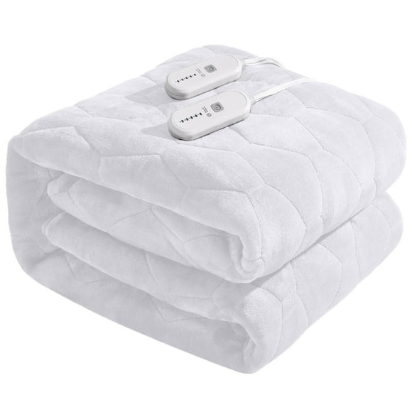 King Size White Flannel Heated Mattress Pad with Dual Zone Control, 5 Heated Settings, Auto Off Function