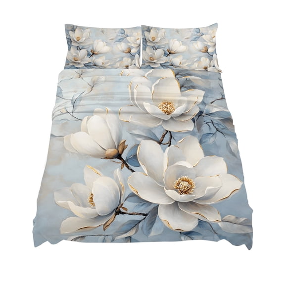 King Size White Magnolia Sheet Sets Farmhouse Flowers Floral Retro Background Soft Breathable Microfiber Bed Sheets Deep Pockets 4 Piece Bed Sheets Set, 1 Fitted Sheet, 1 Flat Sheet & 2 Pillowcases