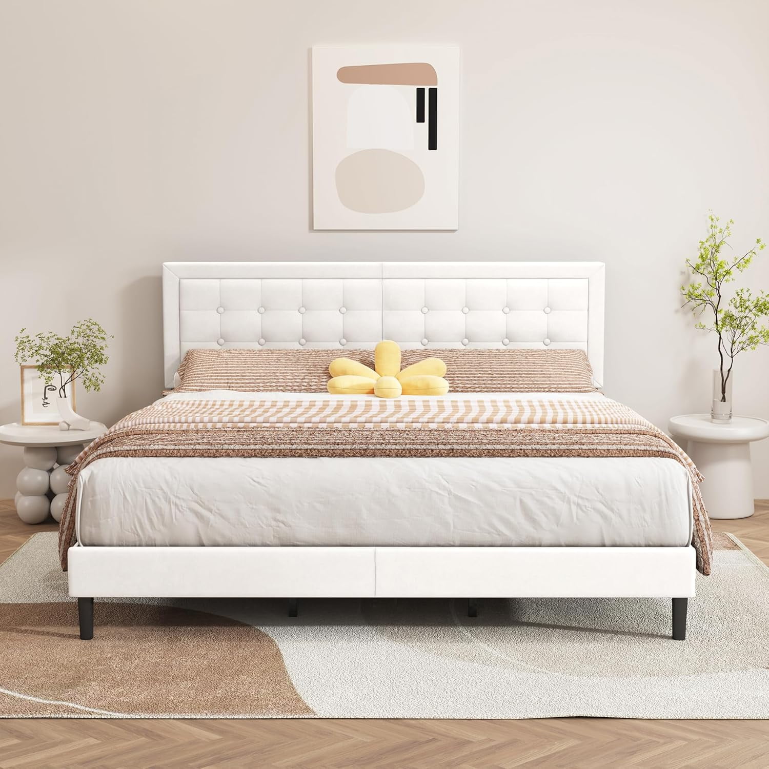 King Size White Modern Upholstered Platform Bed Frame with Button Tufting Headboard Solid Wood Slats Support No Box Spring Needed Easy Assembly