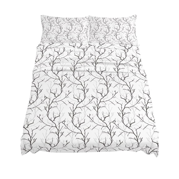 King Size White Tree Branch Sheet Sets Retro Classic Art White Black Tree Branches Flower Soft Breathable Microfiber Bed Sheets 4 Piece Bed Sheets Set, 1 Fitted Sheet, 1 Flat Sheet & 2 Pillowcases