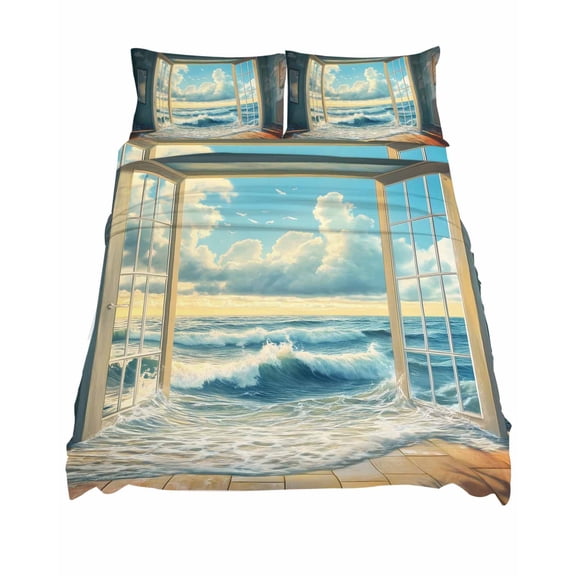 King Size Window On The Ocean Sheet Sets Wave Cloud Summer Scenery Soft Breathable Microfiber Bed Sheets Deep Pockets 4 Piece Bed Sheets Set, 1 Fitted Sheet, 1 Flat Sheet & 2 Pillowcases