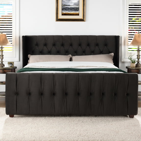 King Size Wingback Bed In Dark Charcoal Grey Velvet - Extended Relaxation With Upholstered Seat, Outdoor Construction Aluminum Frame Back Comfortable, Design Fashionable, Seat Relaxing, Outdoor,