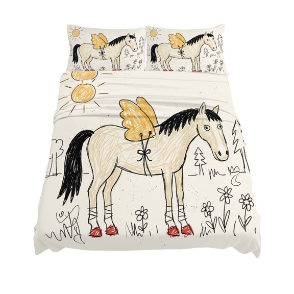 King Size Winged Horse Sheet Sets Playful Hand Drawn Doodle Sun Pine Trees Wildflower Soft Breathable Microfiber Bed Sheets Deep Pockets 4 Piece Set, 1 Fitted Sheet, 1 Flat Sheet & 2 Pillowcases