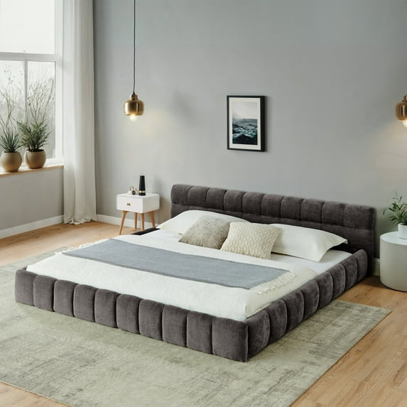 King Size Wood Bed Frame, Chenille Fabric Grounded Platform Bed with Upholstered Tufted Headboard, No Box Spring Needed, Dark Gray