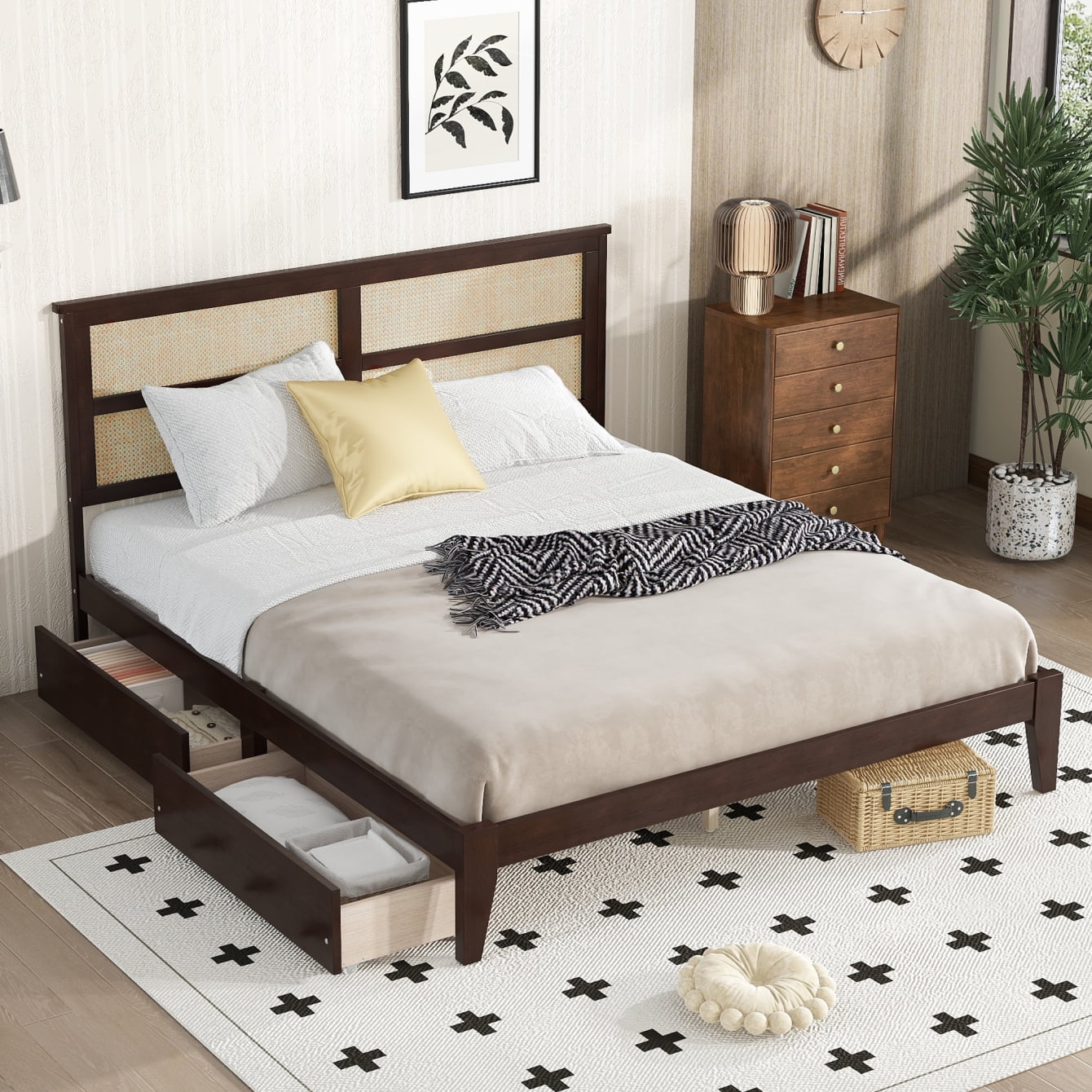 King Size Wood Bed Frame with Rattan Headboard,Platform Bed Frame with 2 Storage Drawers,Solid Wood Construction and Reinforced Slats,No Box Spring Needed,Under-Bed Storage,Quick Assembly,Espresso