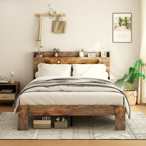 King Size Wood Bed Frame w/ Storage Headboard, USB Ports, Dark Brown - Bedroom Platform Bed, No Box Spring, Easy Assembly. 85"x77"