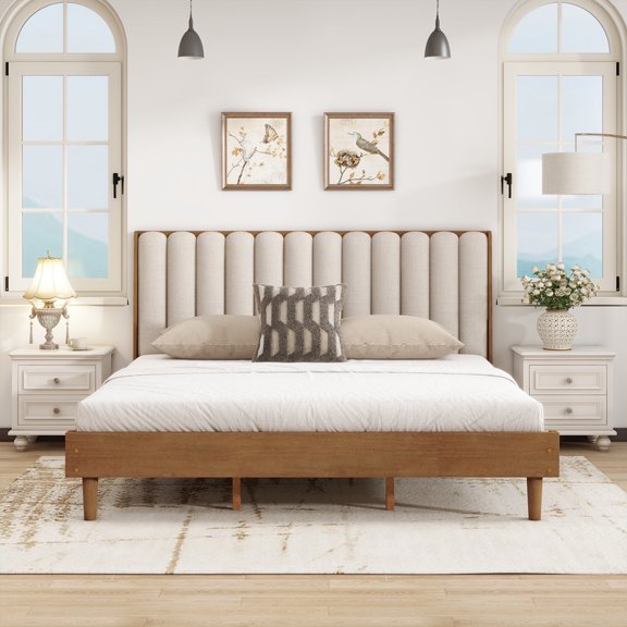 King Size Wood Bed Frame with Piano Key Designed Upholstered Tall Headboard, Low-Profile Platform Bed with Under-Bed Space
