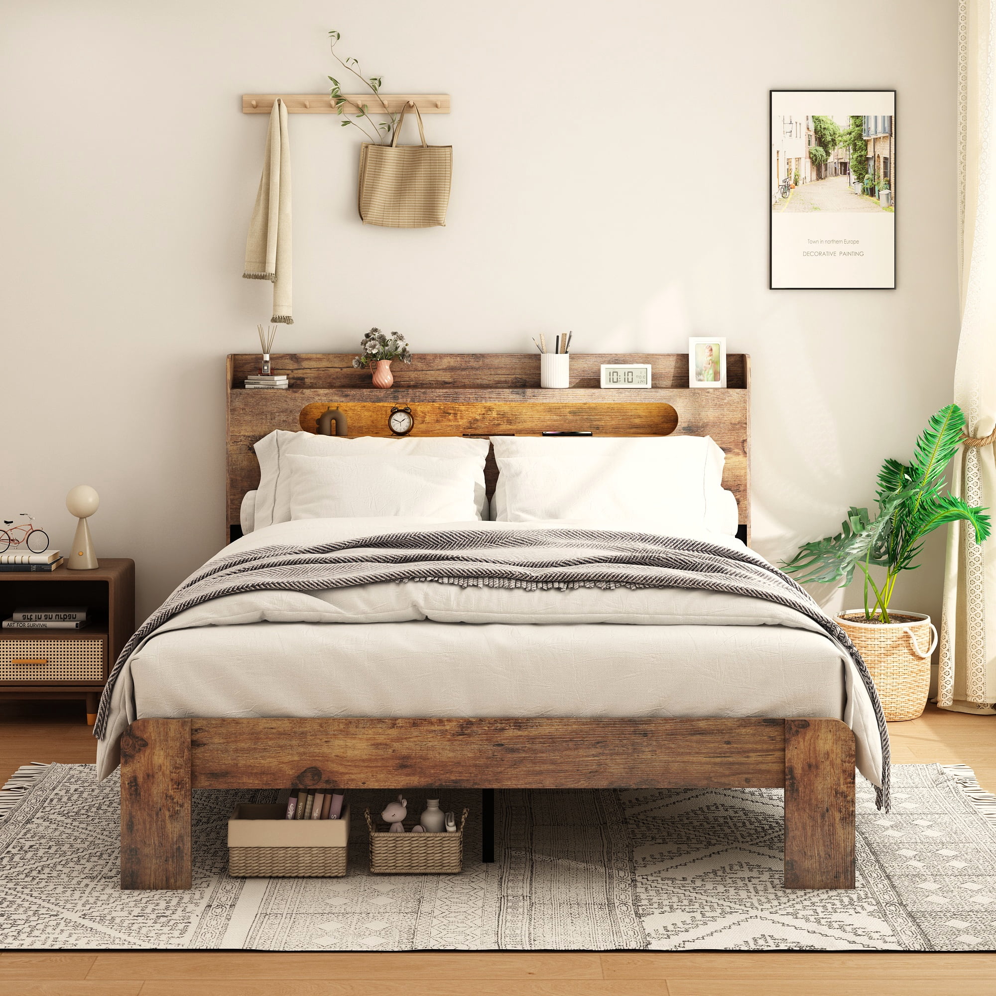 King Size Wood Bed Frame with Storage LED Light Headboard & USB,No Box Spring Needed and Easy Assembly Tool,Large Under Bed Storage,Dark Brown