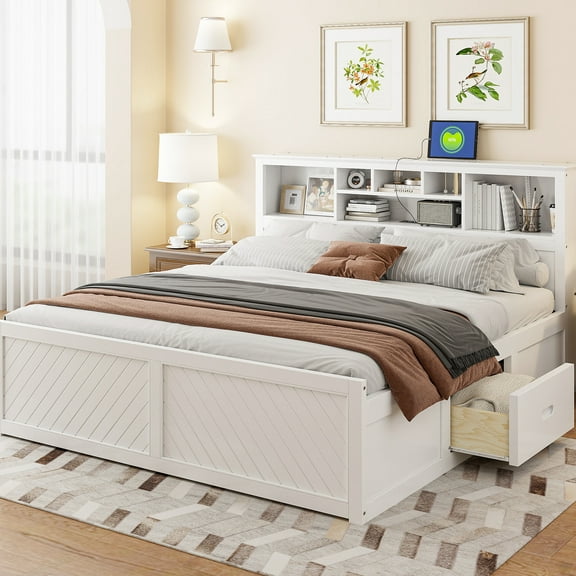 King Size Wood Bed With , Drawers, And Multi - White Magnificent Functional Platform Compartments Ports