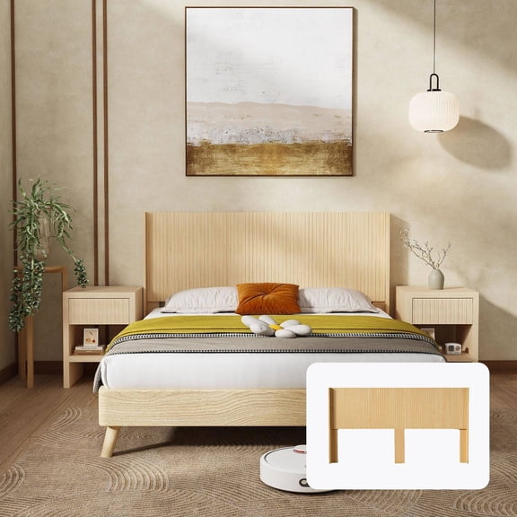 King Size Wood Headboard Only, Modern Wall Mount Headboard with Fluted Panel & Wingback Design, Solid Wood Construction, Easy Installation (Light Natural)