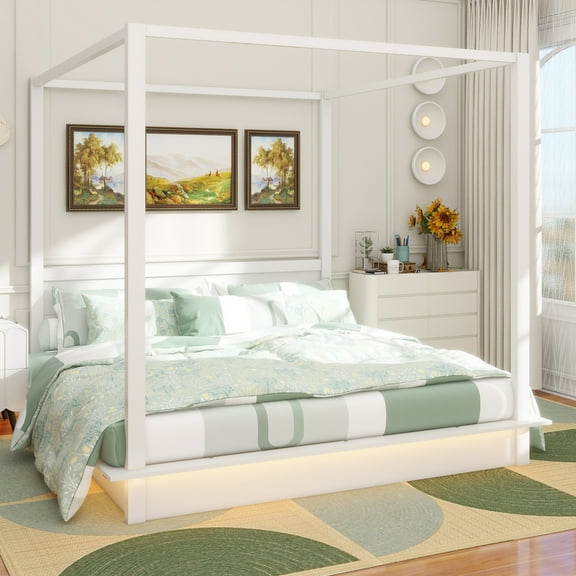 King Size Wood LED Canopy Bed ,Canopy Platform bed With Support Slats, No Box Spring Needed, White