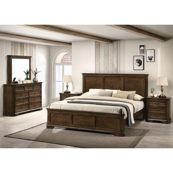 King Size Wood Panel Bed Ensemble | Bedroom Decor with Visible Wood Grain | Solid Wood and MDF Panels | Antique Pewter Accents